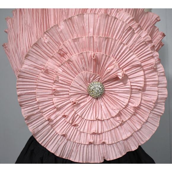 Vintage 80s AJ Bari Origami Crinkle Pink Flower Black Taffeta Party Dress XXS - Picture 3 of 10